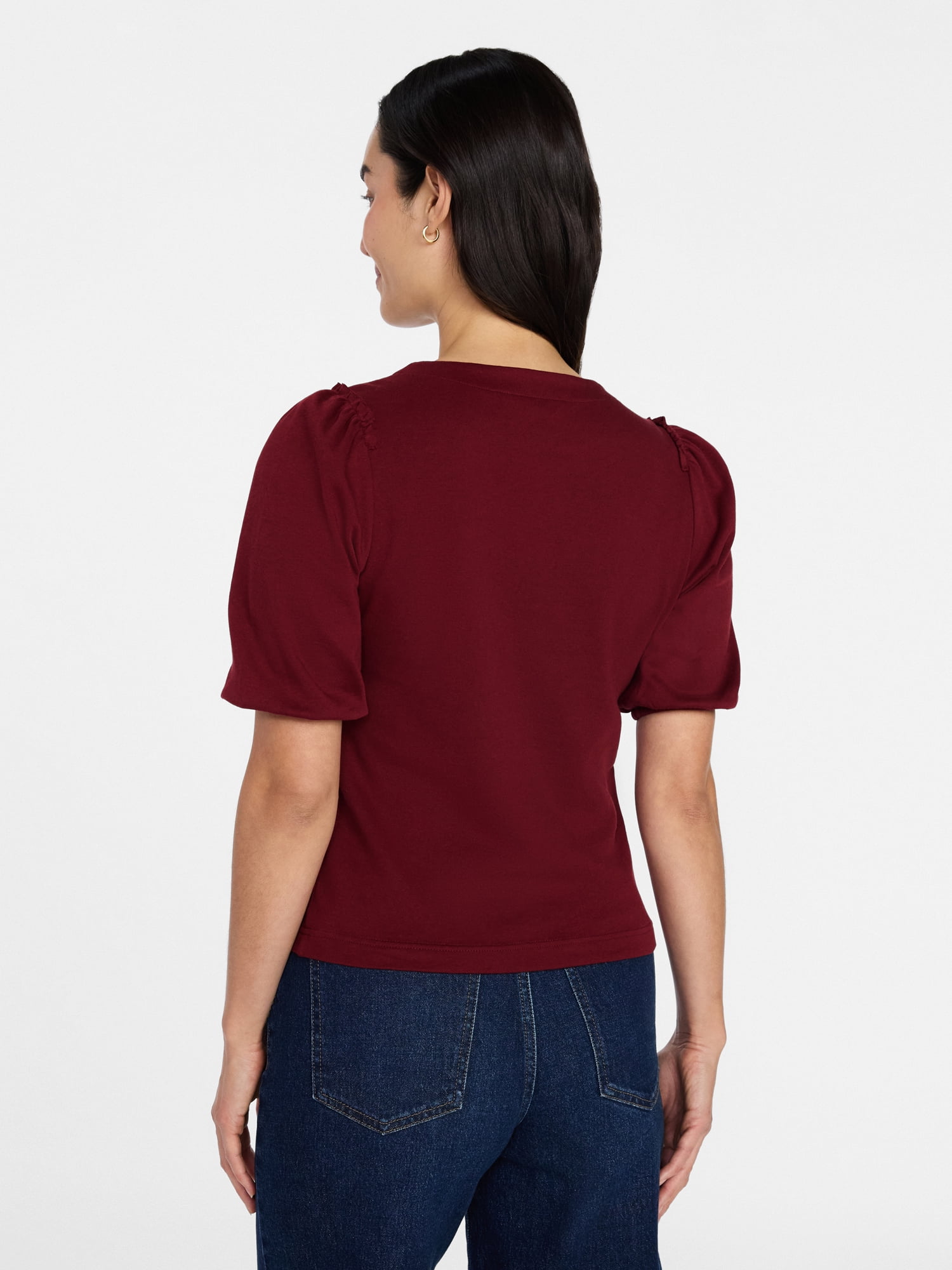 Time and Tru Women's Cotton Crewneck Tee with Puff Sleeves, Sizes XS-XXXL