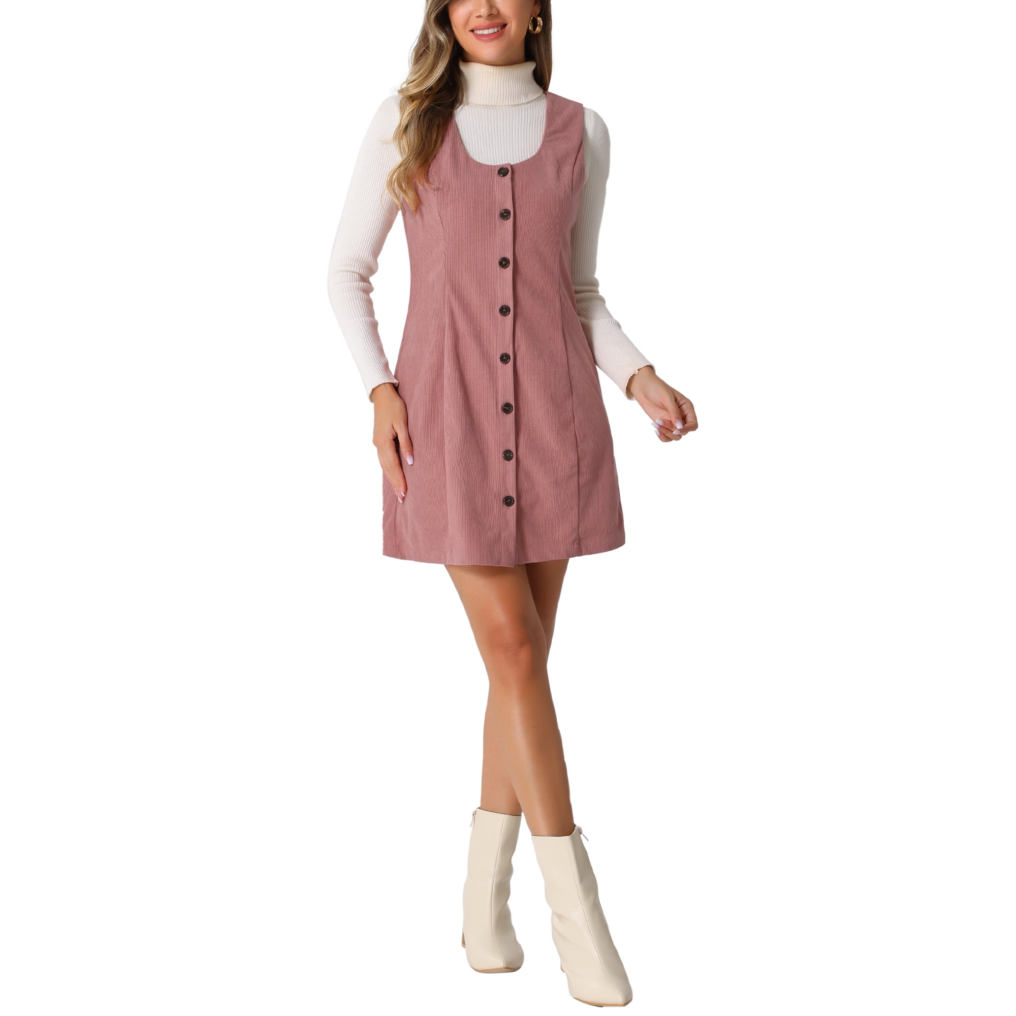 Unique Bargains Women s Corduroy Scoop Neck Pockets Casual Pinafore Overall Dress Pink M Walmart