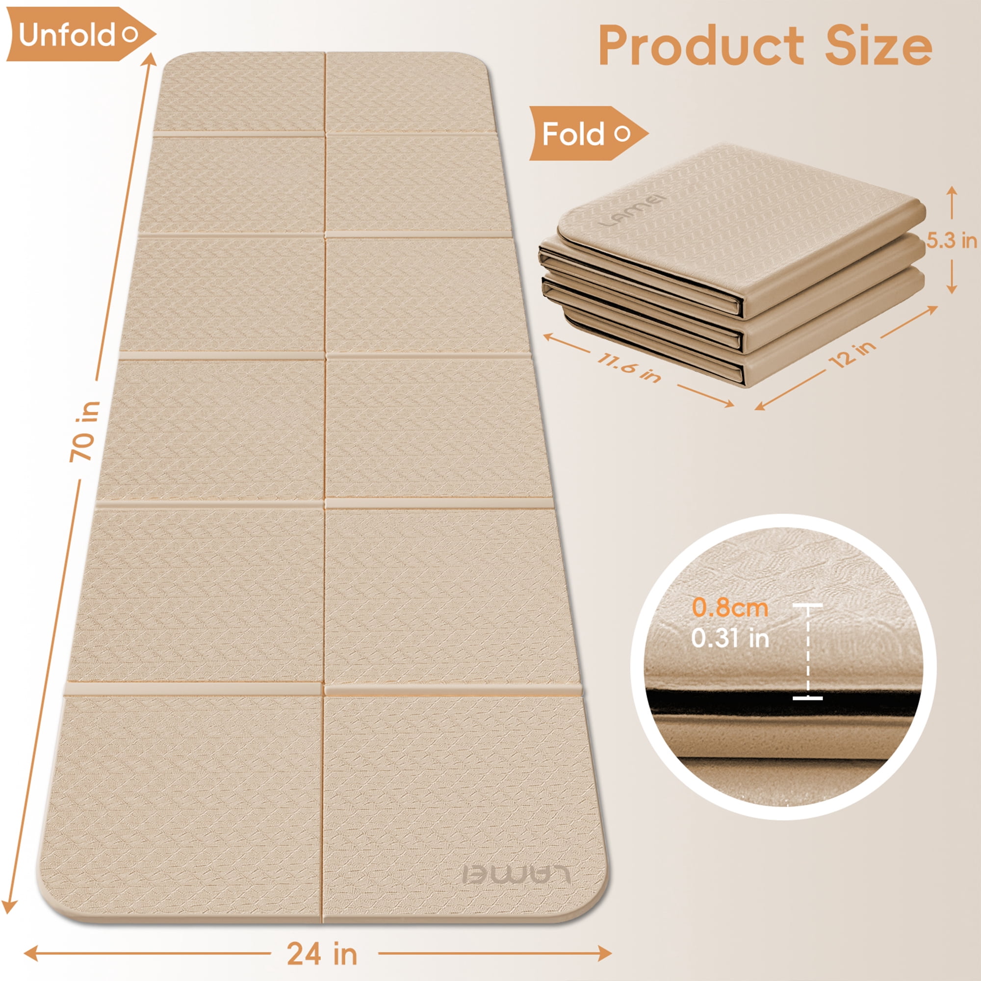 LAMEI Foldable Yoga Mat for Travel, 6mm Thick TPE Pilates Mat Thick, Non Slip Folding Exercise Mats for Home Workout with Bag(Beige+Black)