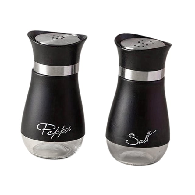 Juego de salero y pimentero con tapa recargable, botes para condimentos, fondo de vidrio de acero inoxidable para mesa, cocina Negro