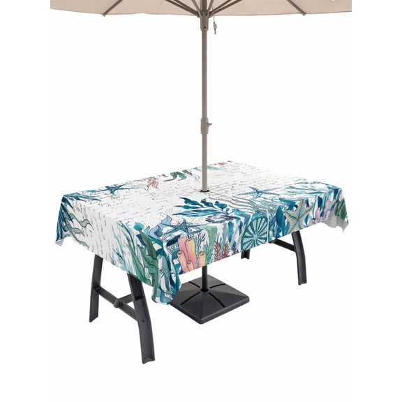 Outdoor Tablecloth with Umbrella Hole for Patio/Picnic/Party/Camping, Coastal Teal Seaweed Waterproof Table Cloth Rectangle Table Cover Washable, Summer Beach Coral Starfish Retro (54"x 80")