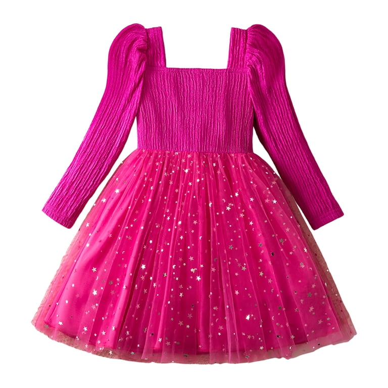 Gubotare Girls Fall Dress Girls Dresses Long Sleeve Crew Collar Dress Casual Dress for Kids Girl Size 5T 6T(Hot Pink,5-6 Years), Girl's