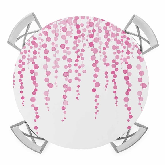 Elastic Fitted Round Tablecloth, Pink Polka Dots Waterproof Stretch Table Cover for 36"-44" Tables, Vintage Abstract Art Watercolor Washable Outdoor Tablecloths for Patio, Picnic, Camping
