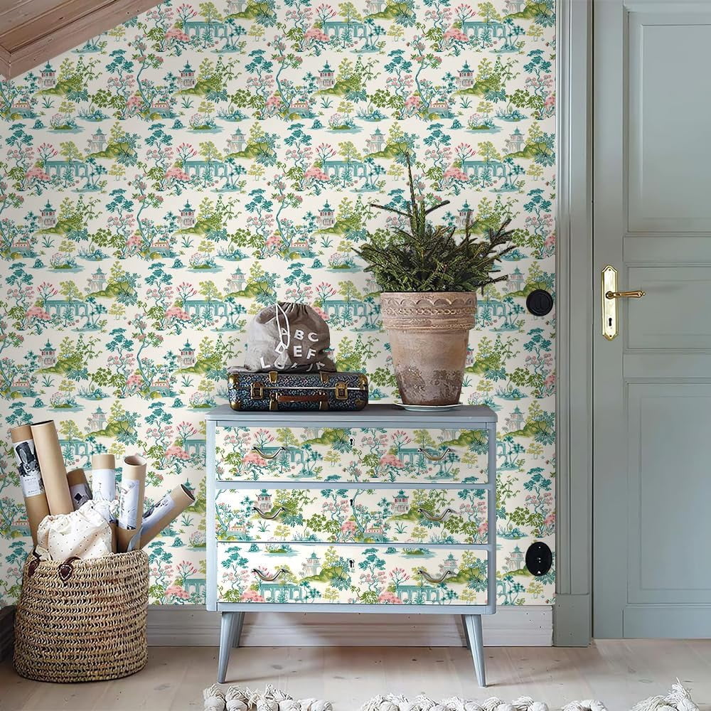 Vintage Green Blue Pink Garden Landscape Nature Plants Peel and Stick Wallpaper Contact Paper Vinyl Stick on Wall Paper for Bedroom Bathroom Kitchen Cabinet Renter Friendly
