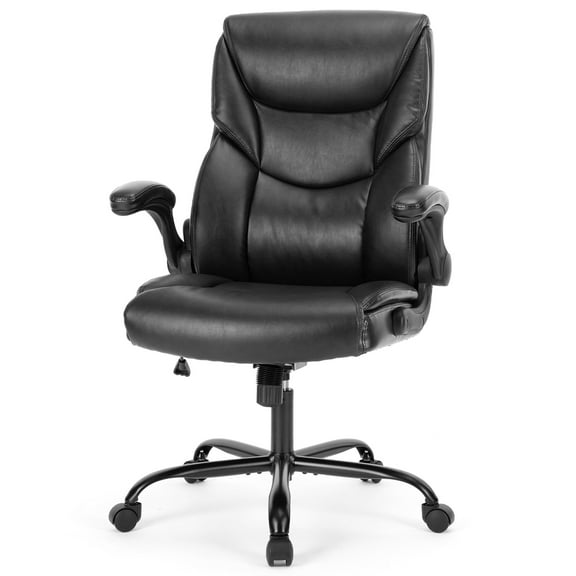 CONCETTA High Back Office Chair,PU Leather Desk Chair with Lumbar Support, Wheels, and Flip-up Armrest, Black