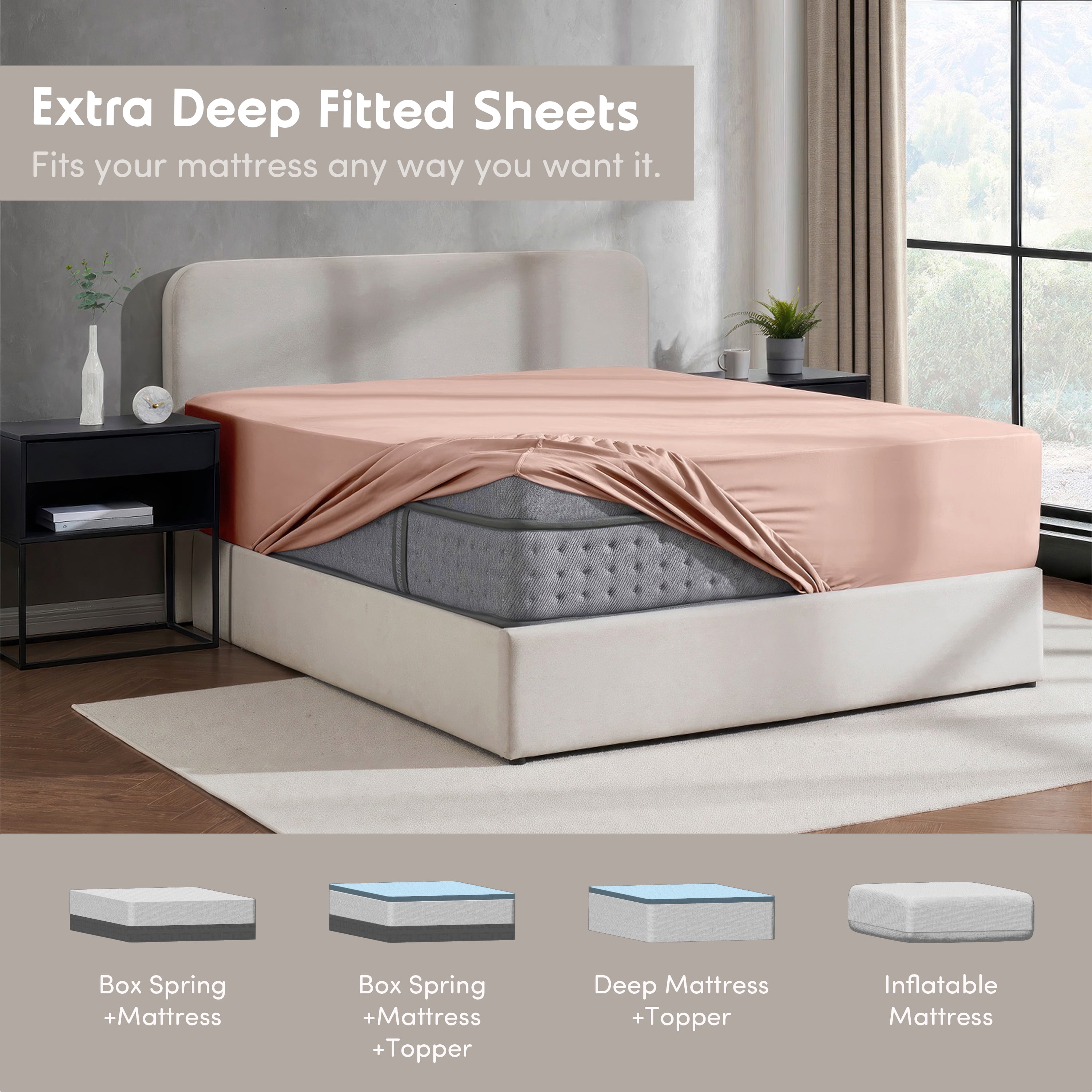 Lammaloe 4 Pack Extra Deep Pocket Twin Fitted Sheet Only, Fits 18" to 24" Mattress, Soft Microfiber Fitted Bed Sheet, Peach Beige