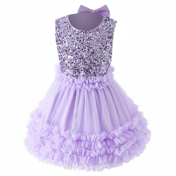 Glisme Girls Dress Elegant Flower Wedding Tutu Sundress With Sequins Versatile Little Girl Princess Dress Size 4-6 Years,Purple
