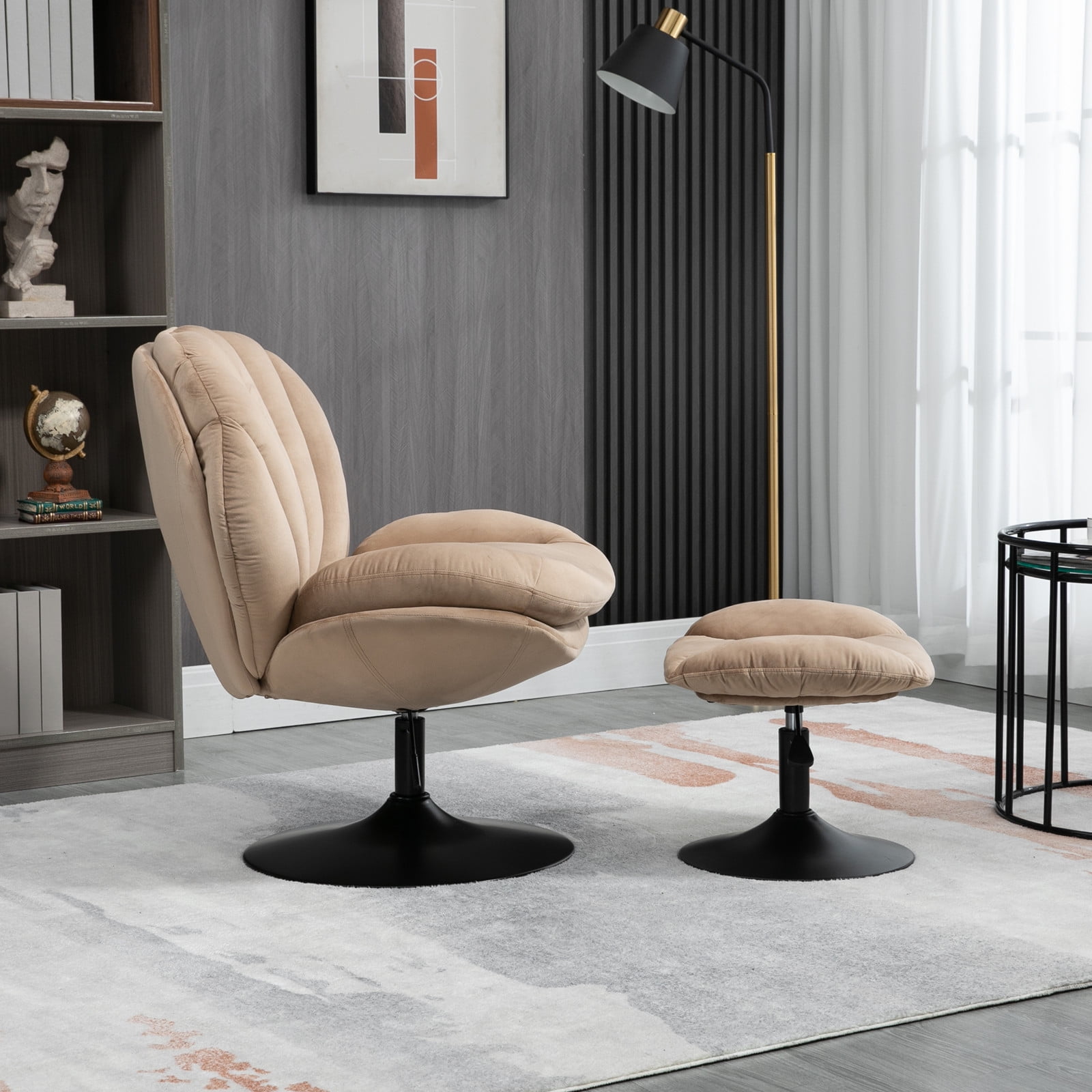 Yardi Yard Modern Swivel Upholstered Accent Chair and Ottoman, Adjustable Seat Height Velvet Office Chair Khaki Yardi Yard Modern Swivel Upholstered Accent Chair and Ottoman, Adjustable Seat Height Velvet Office Chair Khaki