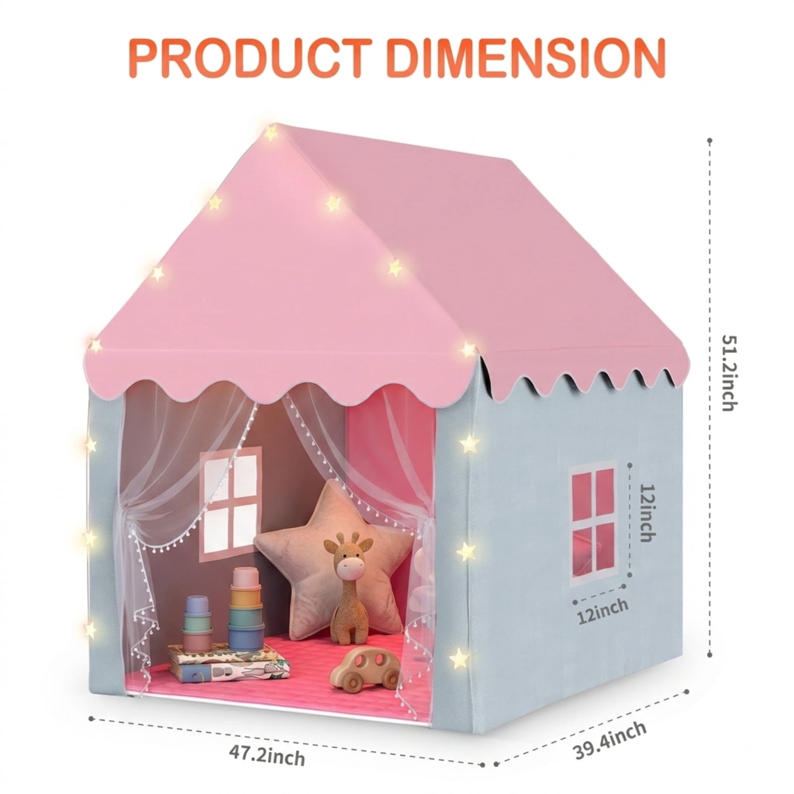 Fenbeli 2-in-1 Kids Play Tent with Padded Mat and Star Lights, Indoor Outdoor Playhouse with Windows, Pink and Gray