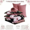 thumbnail image 6 of Floral King Comforter Set 7 Pieces Bed in a Bag, Pink Flower Print on Black Bedding Set, Soft Reversible Comforter with Sheet Set 104"x90", 6 of 7