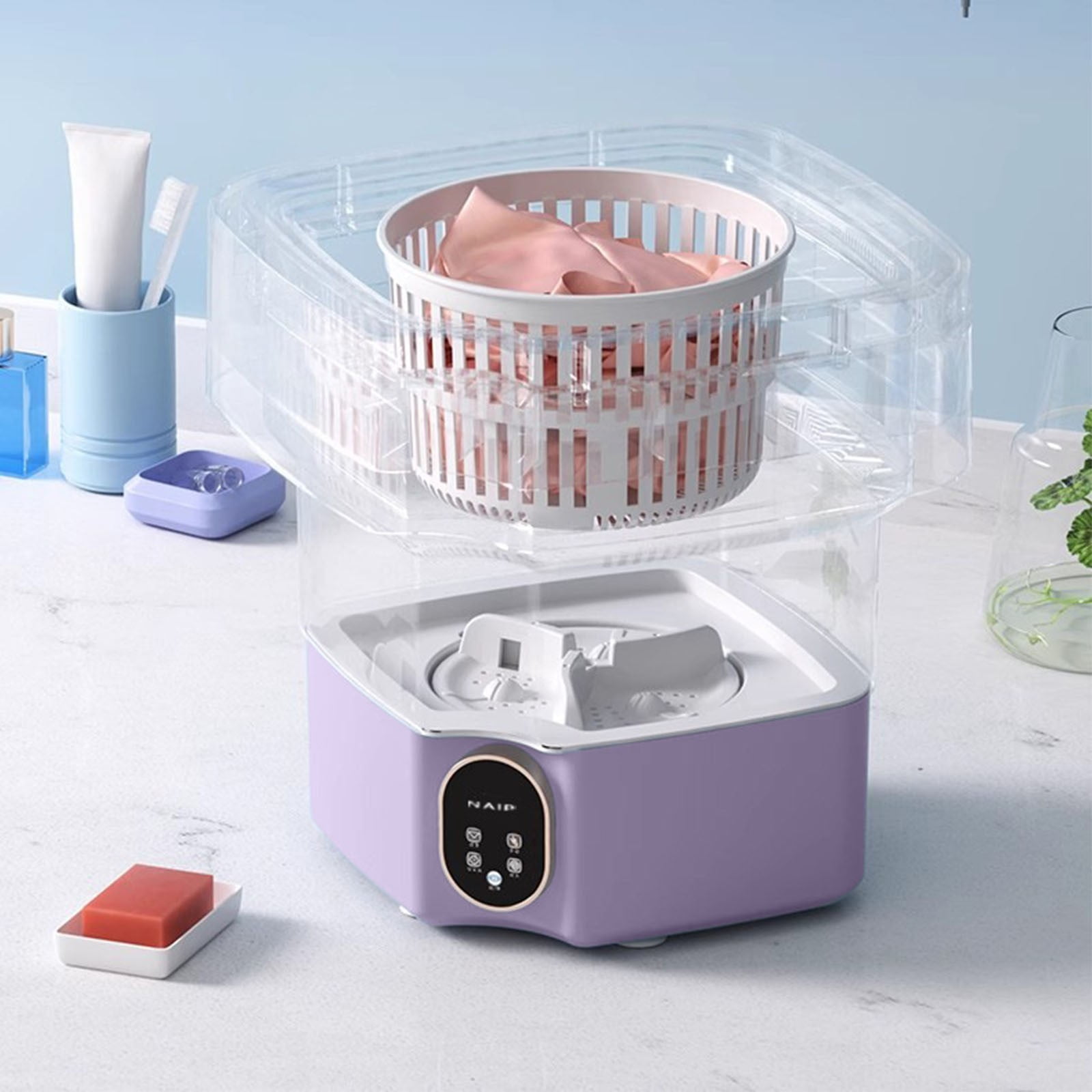 FastXmas Portable Washing Machine, 18L Large Capacity Laundry Washer with Blue Light, Foldable Automatic Washing Machine with Spin Dryer 4 Modes Deep Cleaning for Underwear, Baby Clothes, Sock