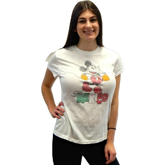 Mickey Mouse Sombrero Mexico Juniors Distressed Faded Character T-Shirt Tee Cap Sleeve Short (Small Size)