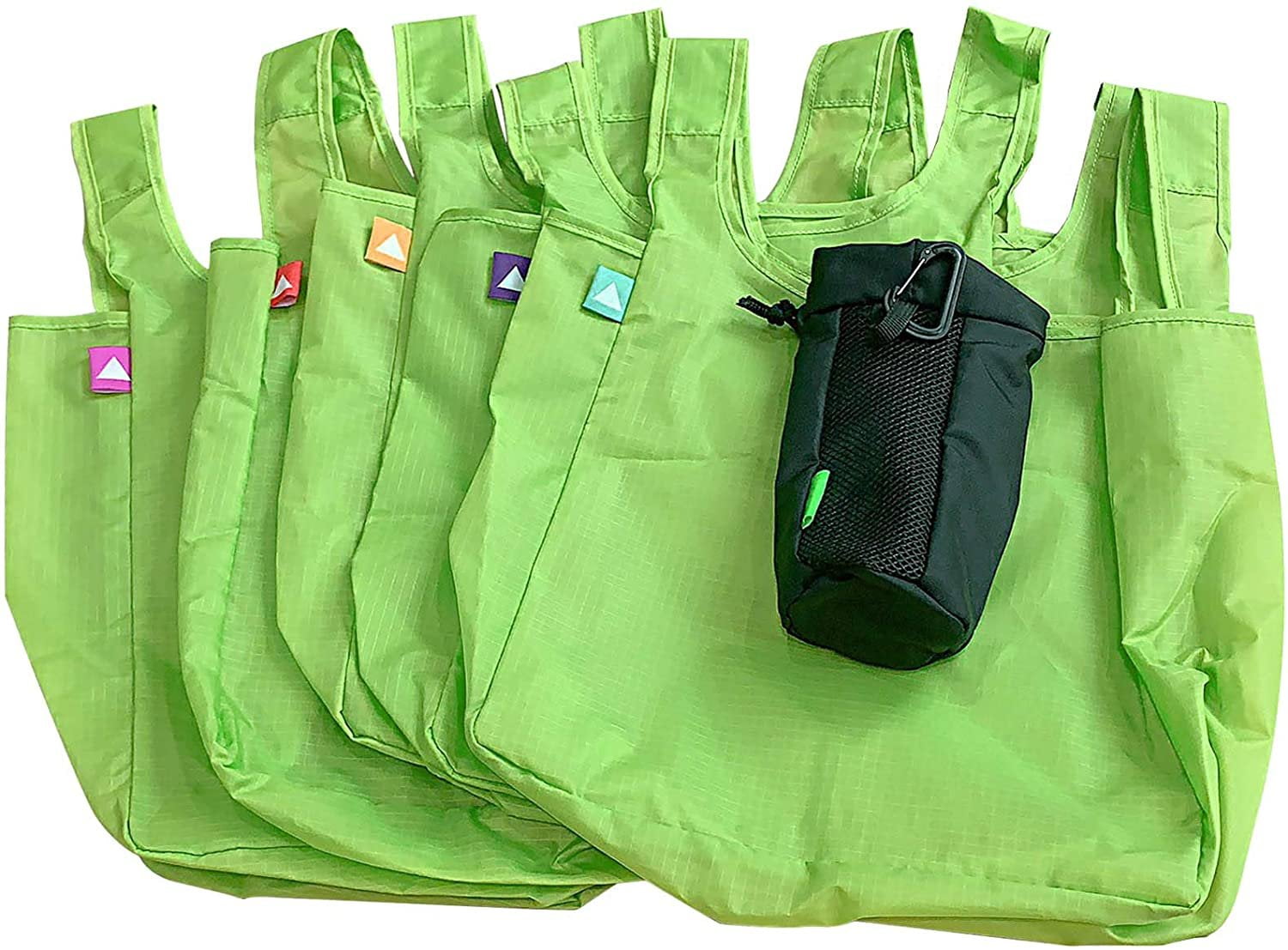 Zenpac Green Ripstop Nylon Grocery Bags with Pouch, Compact Travel Shopping Totes for Groceries