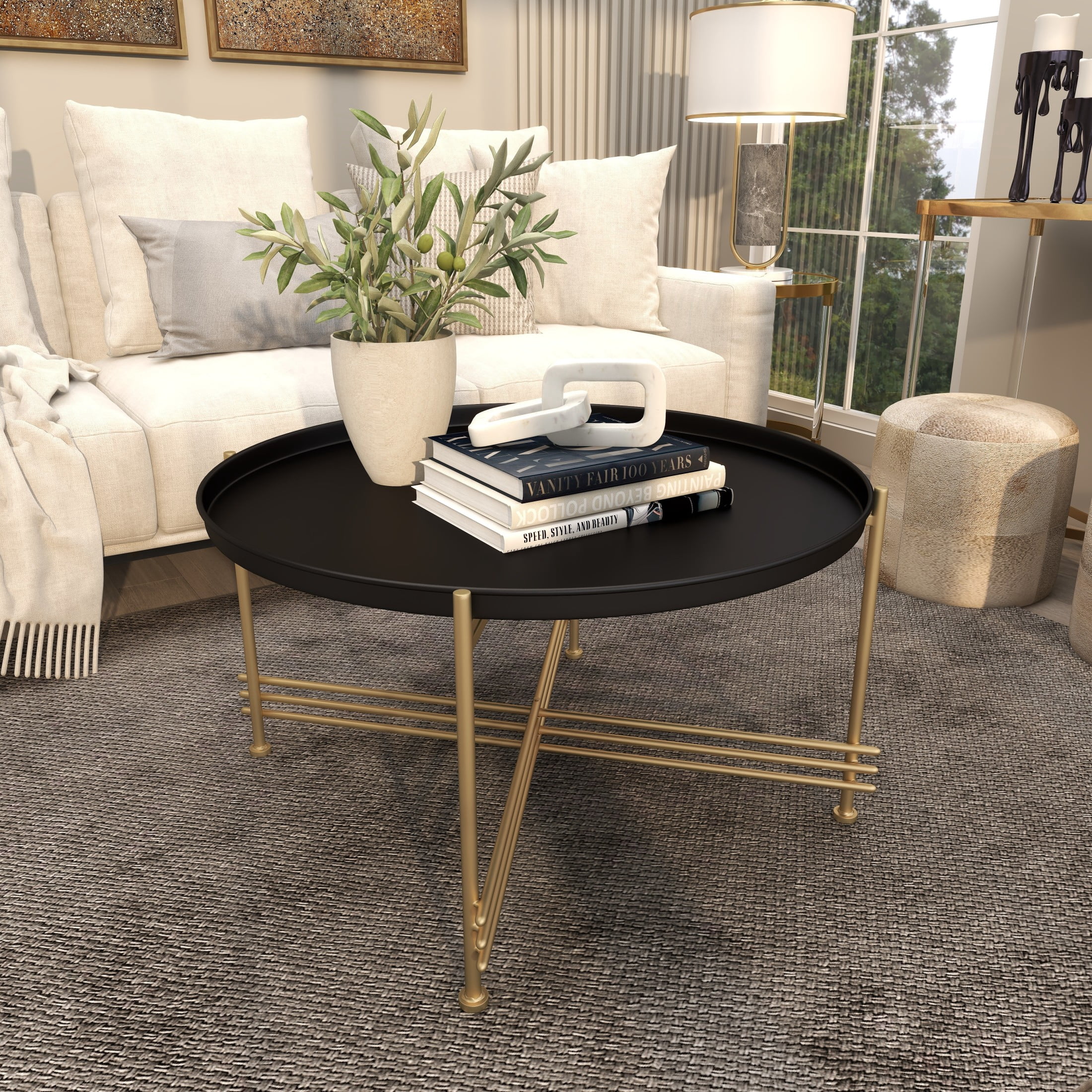 DecMode 33" x 19" Black Metal Tray Top Coffee Table with Gold X-Shaped Base, 1-Piece