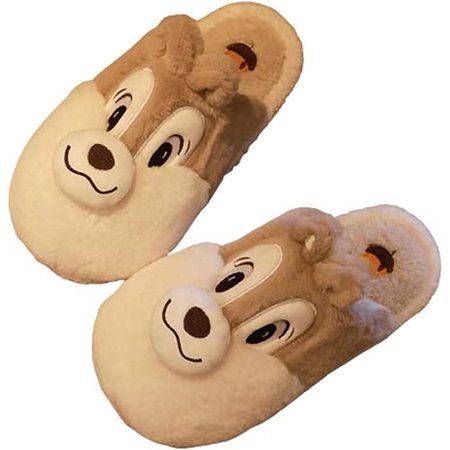 

PIKADINGNIS Women Men Fluffy Fur Warm Memory Foam House Shoes Cute Fashion Faithful Happy Smile Dog Slippers Indoor
