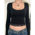 thumbnail image 4 of Womens Long Sleeve Shirts Crop Tops Fall Fashion 2025 U- Neck Lace Bow-Knot Going Out Tees Y2k Clothes Black XS, 4 of 7
