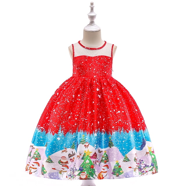 Vestido infantil Ropa navideña Mono estampado para niña Vestido de princesa