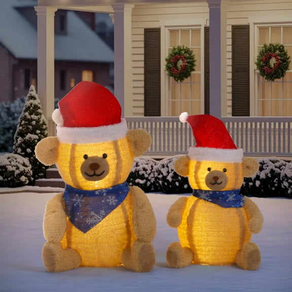 2-Pack Lighted Plush Bear Christmas Decorations, 60 Warm White LEDs, Pull-Up Design for Indoor, Outdoor, Home, Yard Use