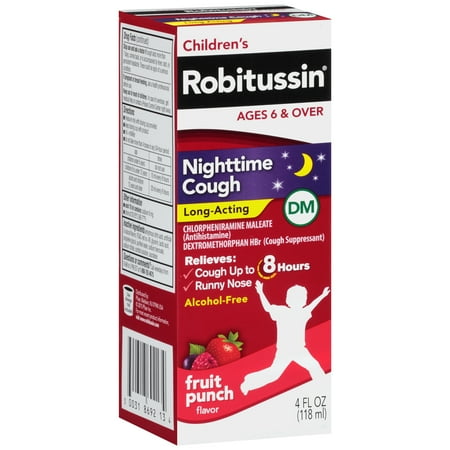 Robitussin Nighttime Cough Long-Acting DM, Cough Medicine for Kids, Fruit Punch Flavor - 4 Fl Oz BottleDLC: 11/ 2024 MCI main image 1