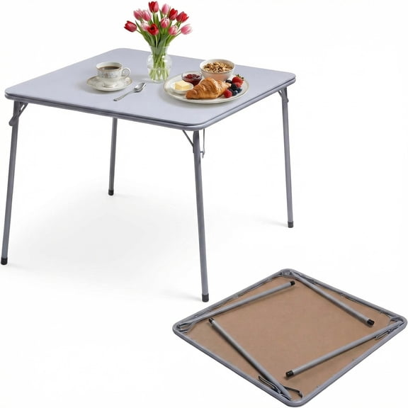 FurnitureR 34" Square Folding Card Table, Soft PVC Top for Puzzles, Dining & Parties, No Assembly, Grey