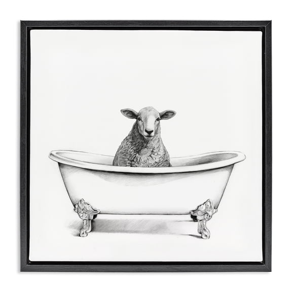 Stupell Industries Cottage Sheep in Bathtub Sketch Black Floating Frame Canvas Art, 18 x 18, by Victoria Borges