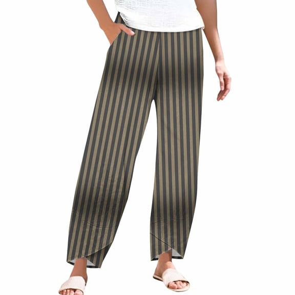 Linen Pants Women, Audhol Striped Linen Pants for Women Summer Casual Wide Leg Pants with Pockets Comfy Cropped Palazzo Pants Ladies Summer Pants Black L