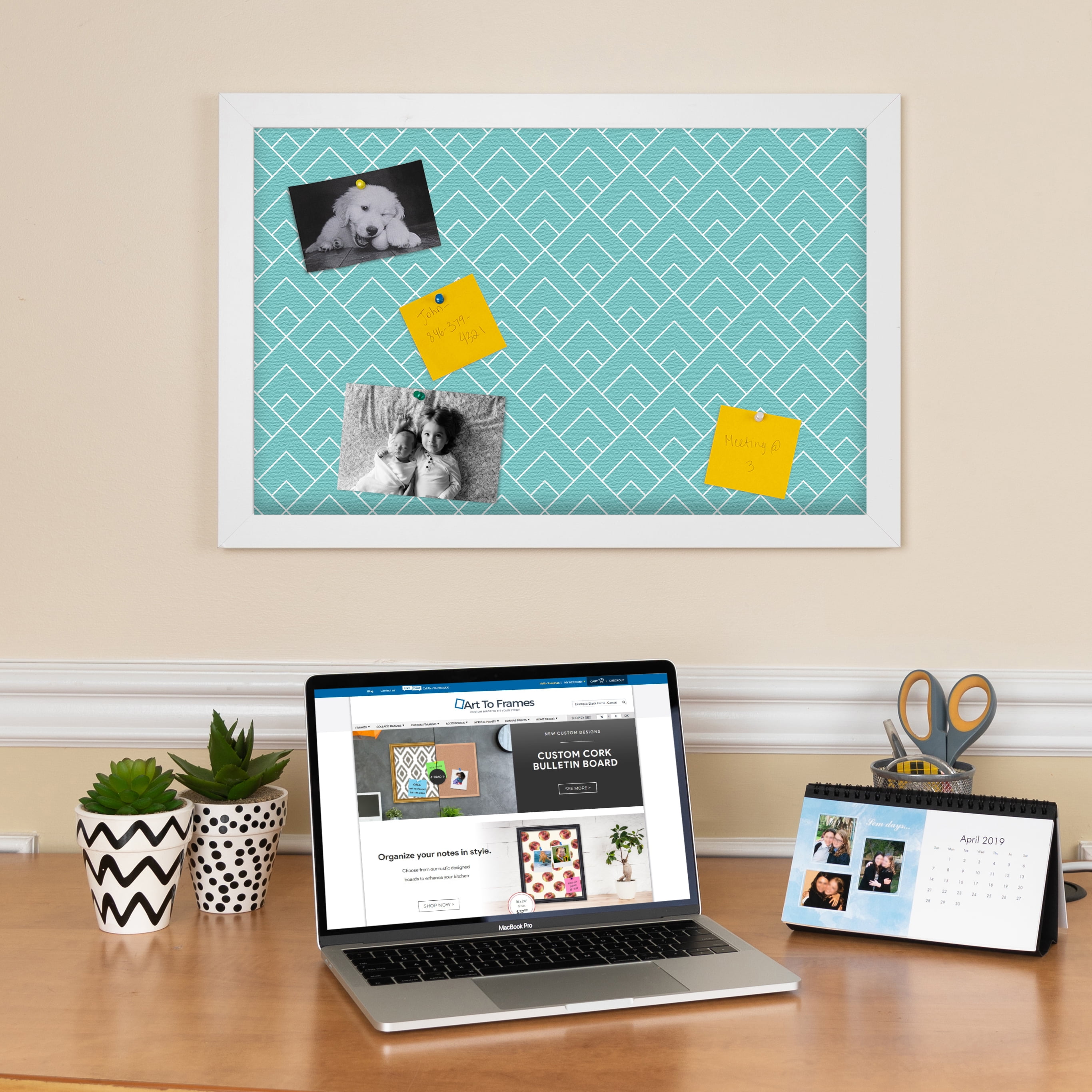 PinPix 12x12 Custom Cork Bulletin Board Peaks Modern Pattern Aqua Poster Board Has a Fabric Style Canvas Finish, Framed in Peaks Modern Pattern Aqua, by ArtToFrames (PinPix-1790)