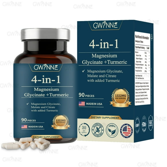 GWYNNE Glicinato de magnesio:Suplemento 4-en-1 de Magnesio de Alta Absorción (Glicinato + Malato + Citrato) + Cúrcuma