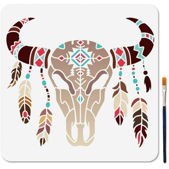 Cow Skull Stencil Boho Bull Skull Stencils 11.8x11.8inch Feathered Bull Head Reusable Plastic Templates with Paint Brush for Craft on Window Wood Wall Home Decoration DIY