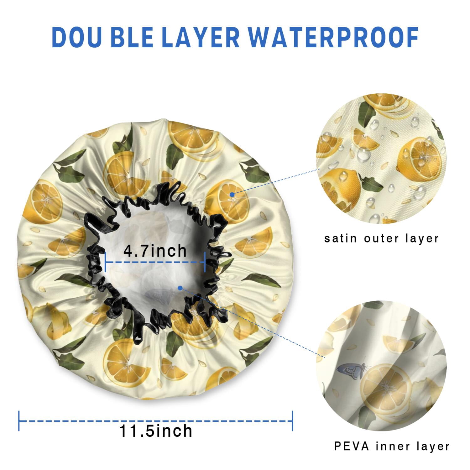 Shower Caps,Yellow Lemon Fruit Slices White Pattern Waterproof Shower Cap for Women 4 Pieces,Double Reusable Hair Cover for Shower PEVA Elastic Stretch Hem
