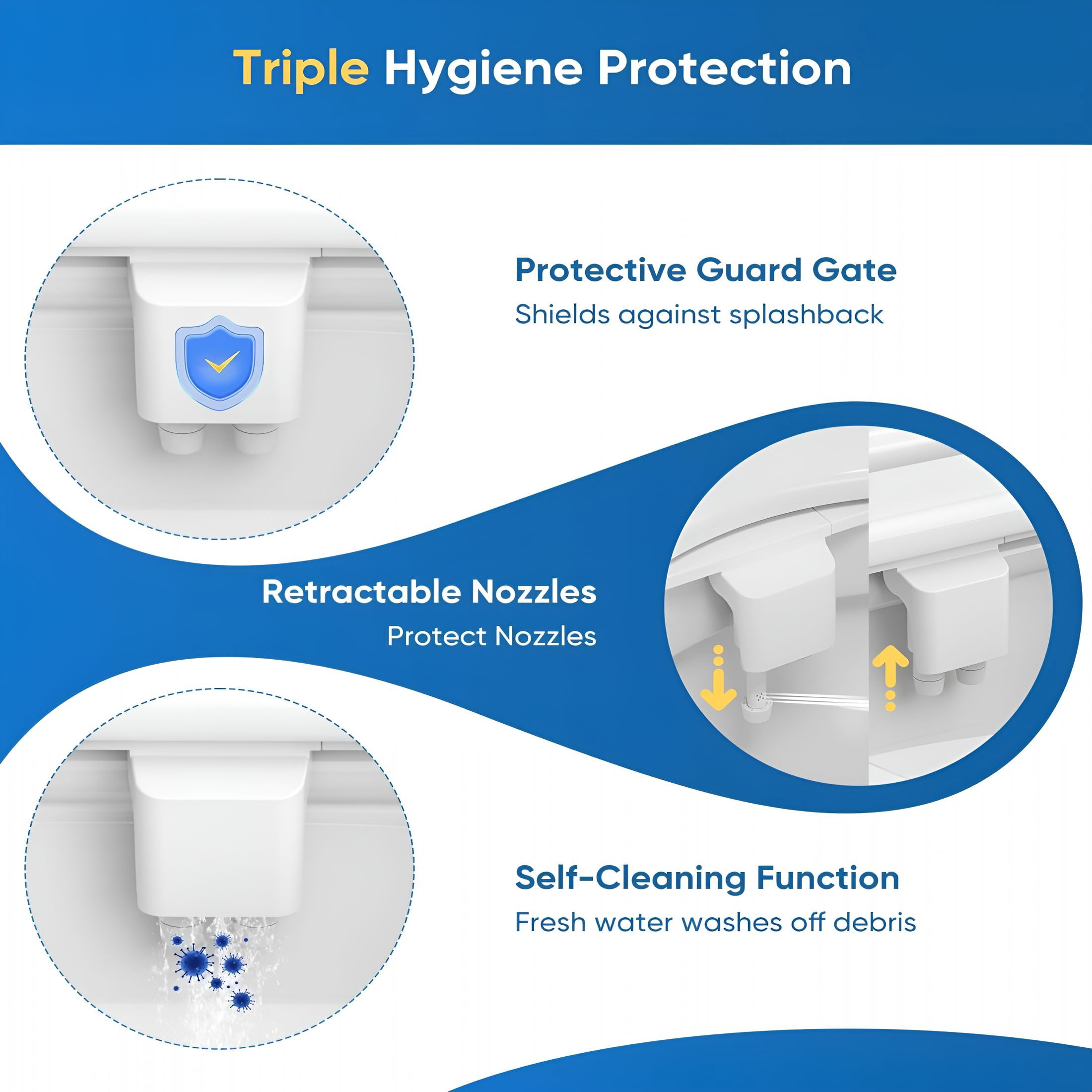HIBIBUD Ultra-Slim 3-in-1 Bidet, Self-Cleaning, Posterior & Feminine Wash (Retractable Dual Nozzles), Non-Electric Bidet Attachment for Toilet Seat, Adjustable Fresh Cold Water Pressure
