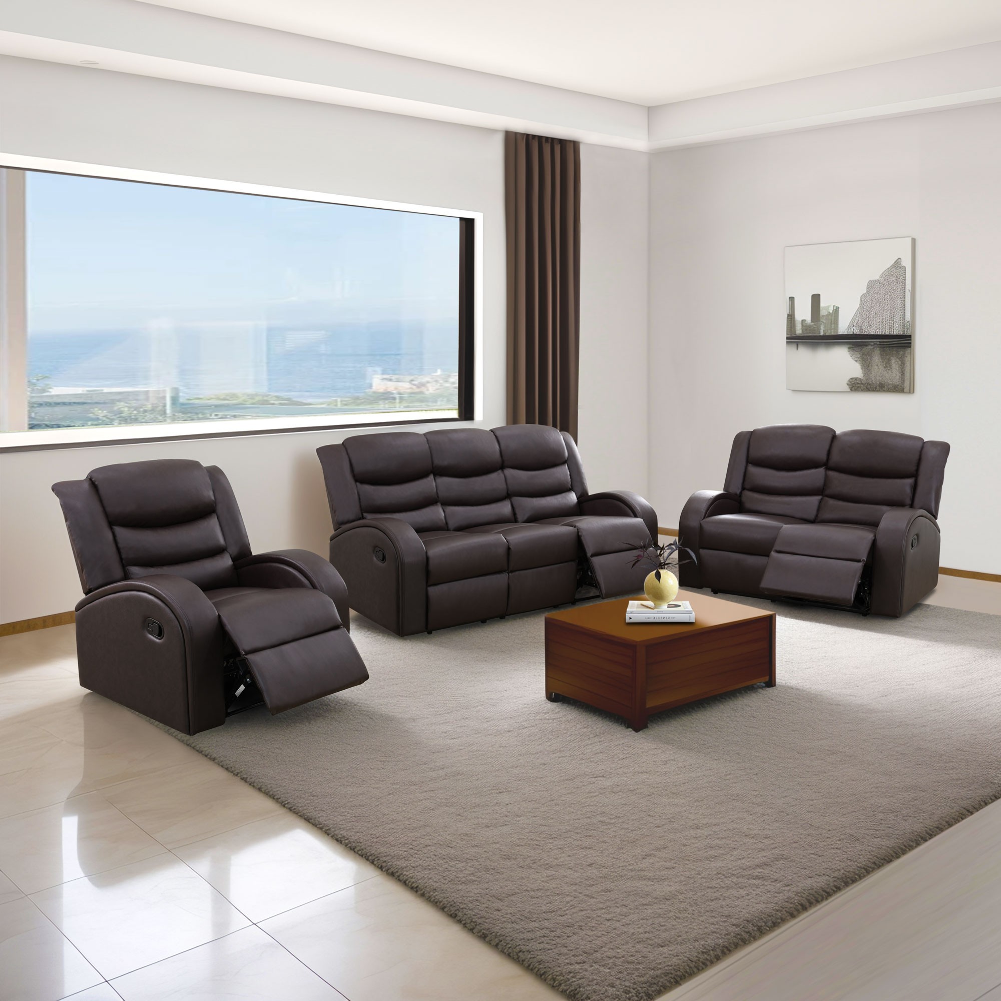 Gewnee Brown 3-Piece Living Room Recliner Sofa Set with Air Leather & Solid Wood Frame, Double-Layer Springs, Suitable for Living Room