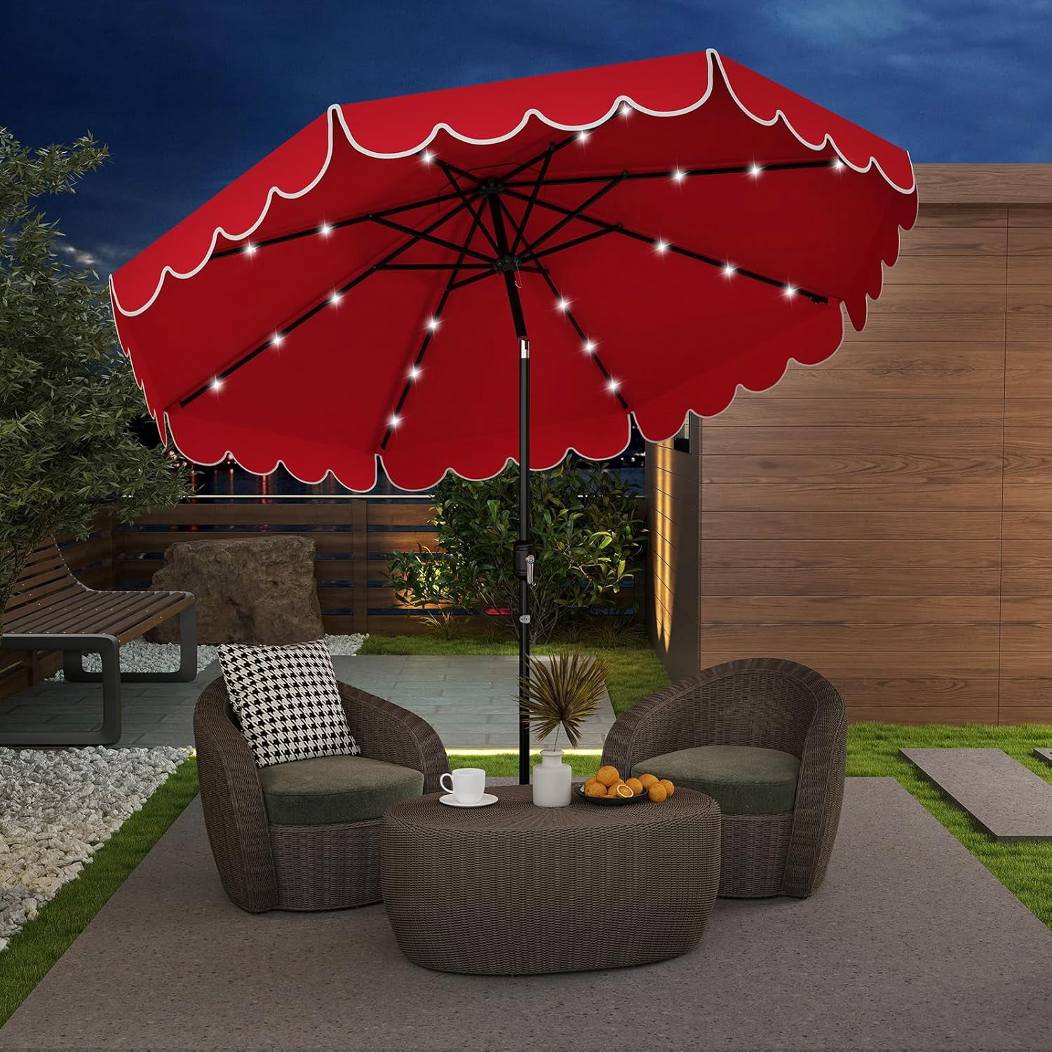 ZYPPP  9 FT Solar Patio Umbrella, 2-Tiers Scalloped Outdoor Table Market Umbrella with 32 LED Lights, Vented Top, Tilt Adjustment, Crank, 8 Ribs for Backyard Poolside Deck Beach Lawn (Red)