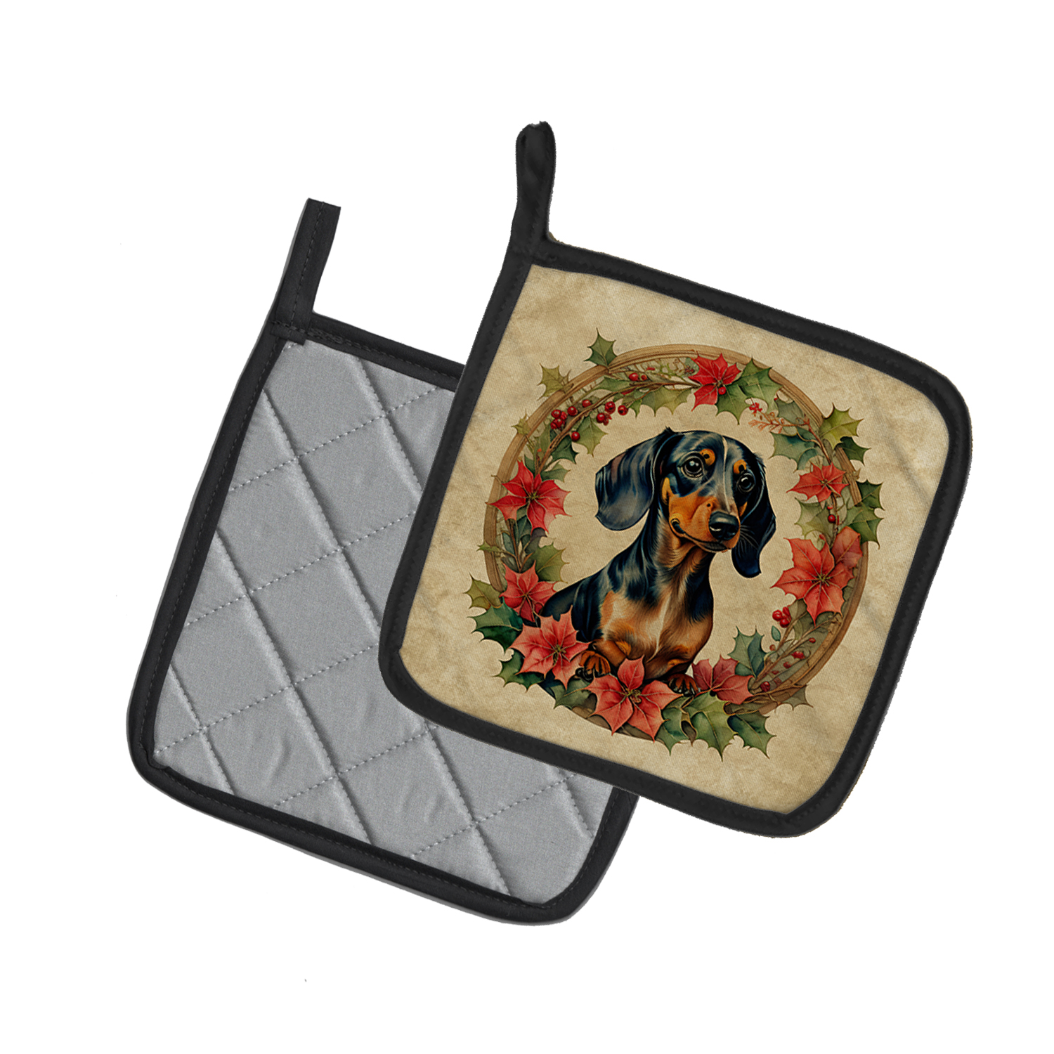 Dachshund Christmas Flowers Pair of Pot Holders 7.5 in x 7.5 in