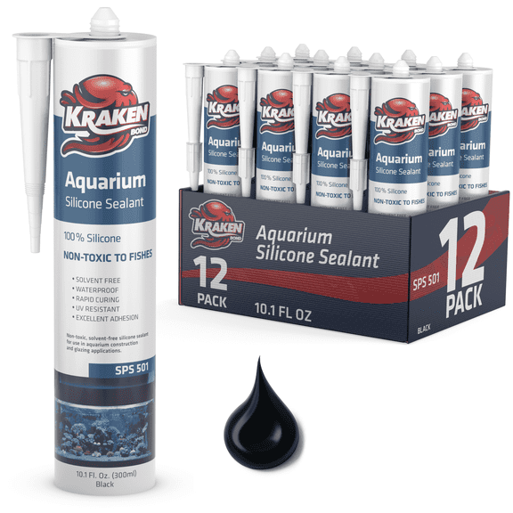 Kraken Bond Aquarium Silicone Sealant, 100% Waterproof & Non-Toxic Fish Tank Safe Silicone, Black, 10.1 fl oz Cartridge, 12 Pack