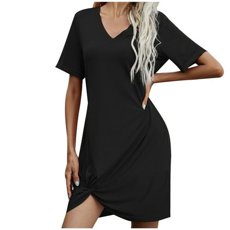 Zpanxa Women s Beach Swimsuit Coverup V Neck Short Sleeve Cover Up Swimwear Bikini T-Shirt Dress with Pockets Sundresses for Women 2025 Black B XL