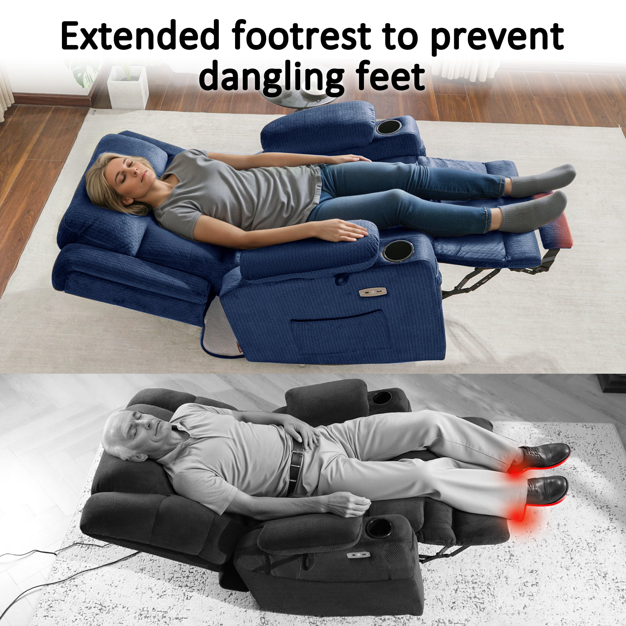 MCombo Lay Flat Triple Motor Power Lift Recliner for Elderly, Adjustable Headrest, Fabric(Navy Blue)