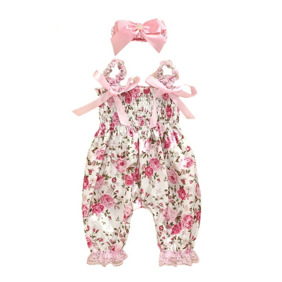 Odeerbi Baby Girls Cotton Rompers Jumpsuit Baby Clothes 3-12 Months Infant Baby Halter Floral Print Bodysuit Bow Bodysuit with Headband Pink