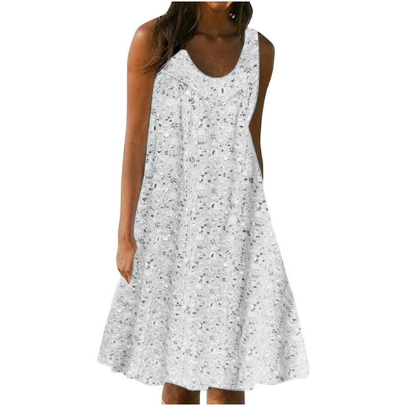 vdgthytj Plus Size Summer Dresses for Women 2025 Casual Printed Sleeveless Crew Neck Pleated Loose Beach Vacation Midi Dress