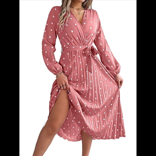 Vestido Plisado de Larga con Cuello en V y Lunares para Mujer, Informal, Holgado y con Cinturón Rosa S