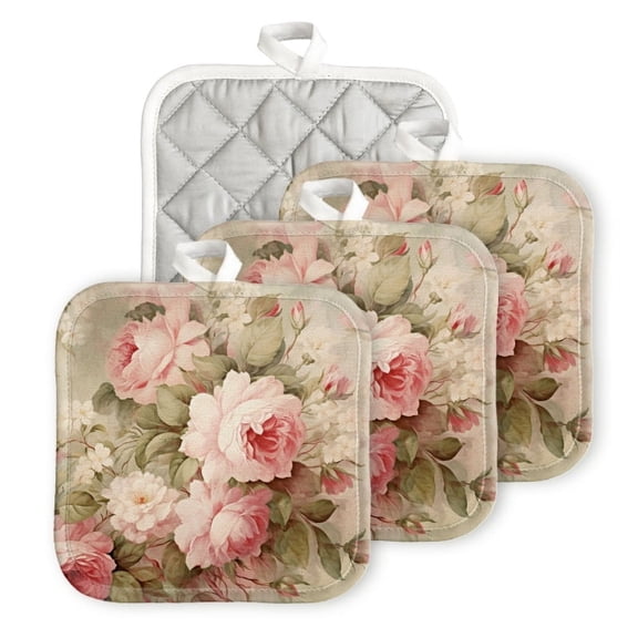 BaHomeck Pot Holders 4pcs dacron Made Square heat-resisting mat Machine Washable for Kitchen Oven Hot Pads 6.7inch*6.7inch,Vintage Floral With Pink Roses And White Blossoms