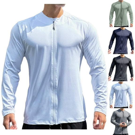 Hinvhai Men's Quick-dry Shirts Jacket Sports Fitness Coat Breathable Full Zipper Stand Collar Long Sleeve Cardigan Outwear White XL(XL)