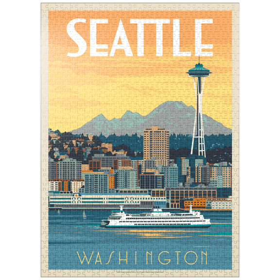 MyPuzzle - Seattle, WA: Ferry, Vintage Poster - Premium 1000 Piece Jigsaw Puzzle for Adults
