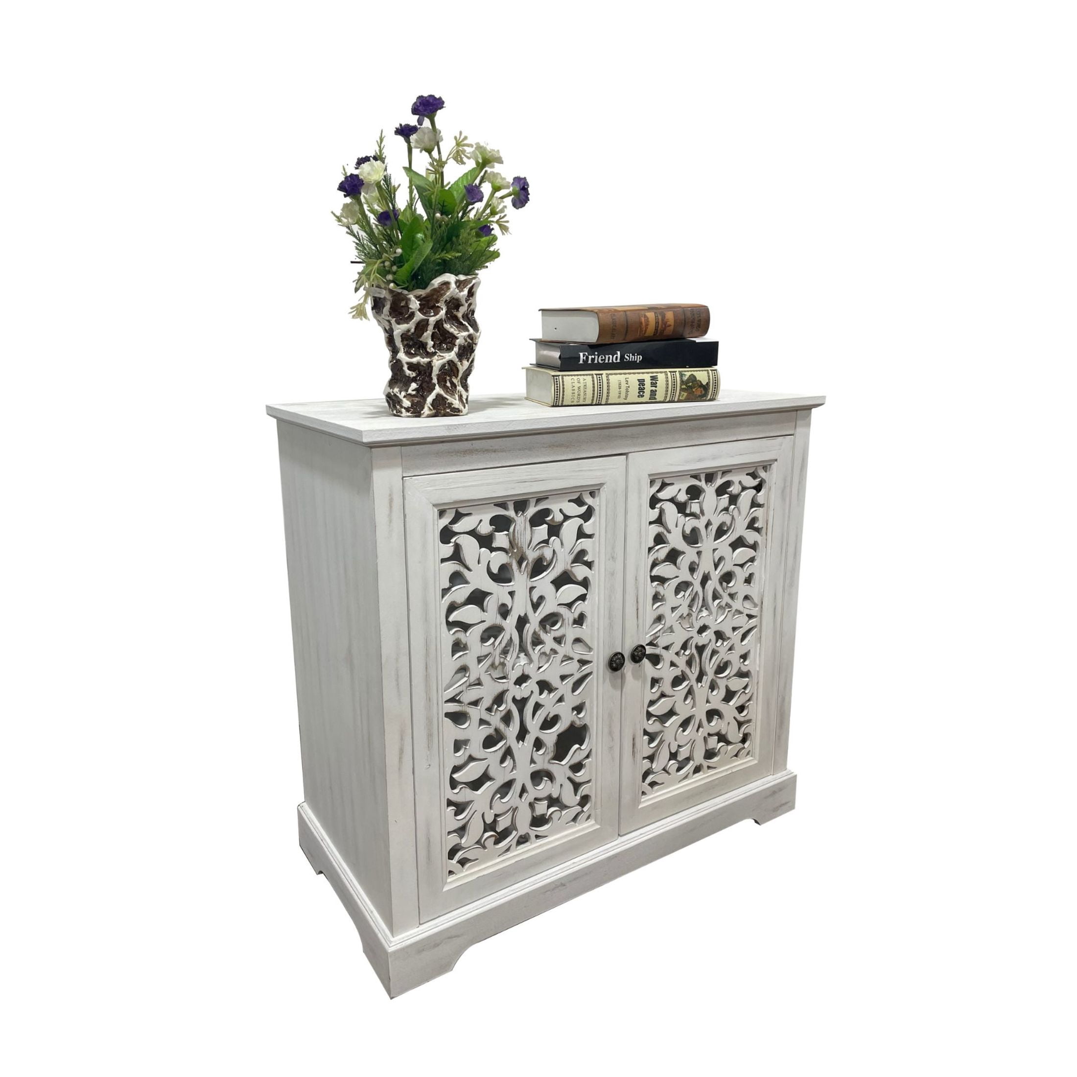 Noble House 31.5" Vintage Sideboard Buffet Cabinet with 2 Carved Doors, Antique White