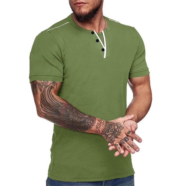 Tshirts Men Male Spring Summer Top Button Blouse Pure Color Short Sleeve Casual Mens Summer Shirts Green XXL