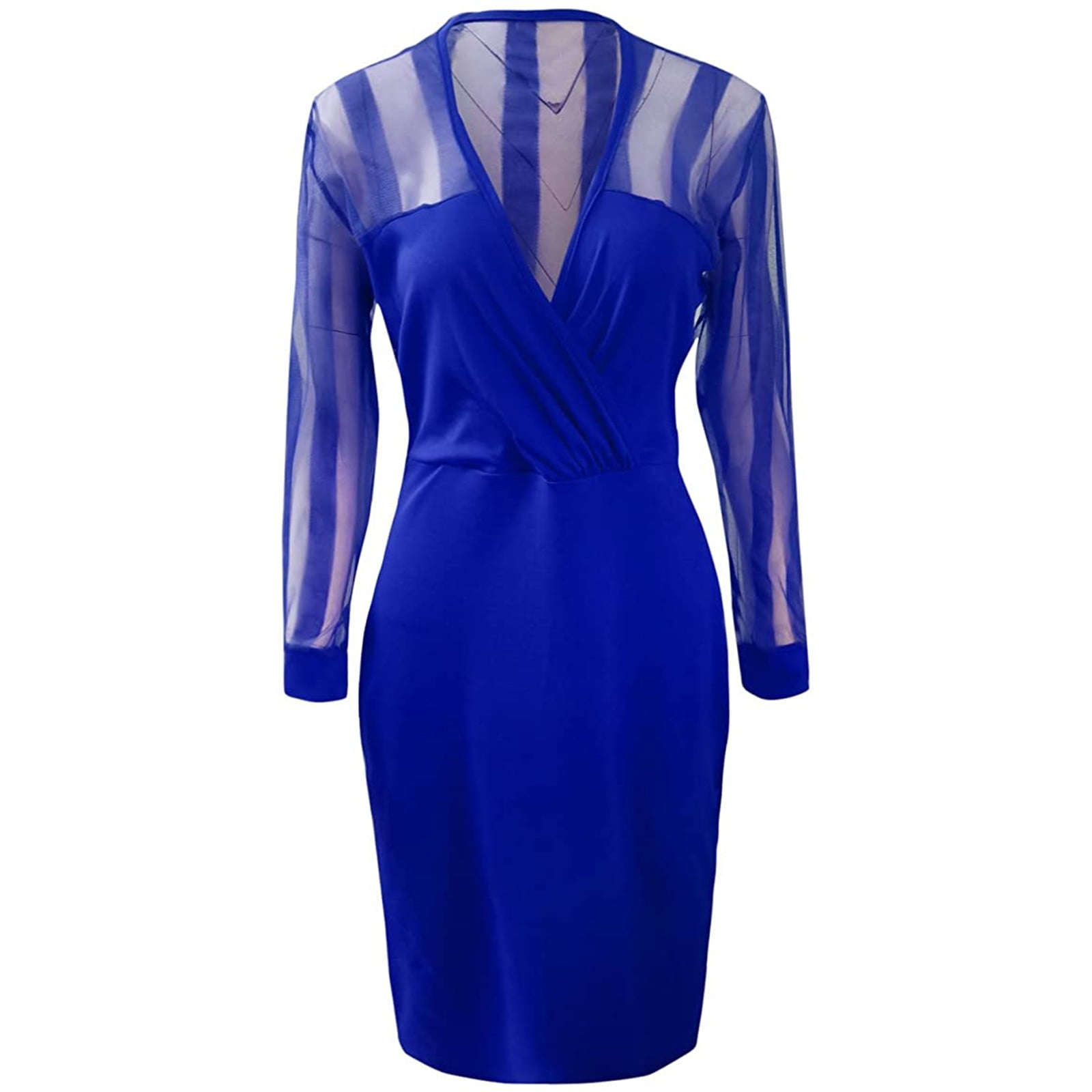 Womens Dresses Clearance Plus Size Women's Trendy Long Sleeve V Neck Mesh  Solid Bronzing Party Swing Cocktail Dress Blue M JE 