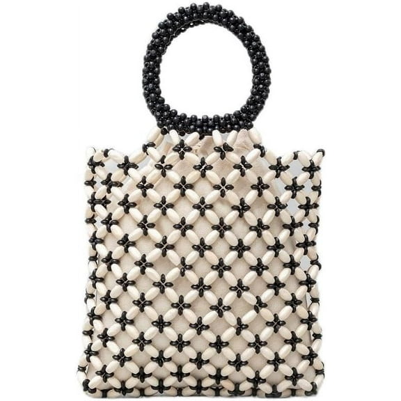 Unique Handmade Wooden Bead Tote Bag for Women, Small Handwoven Clutch Purses Woven Bucket Handbag and Drawstring Handbag