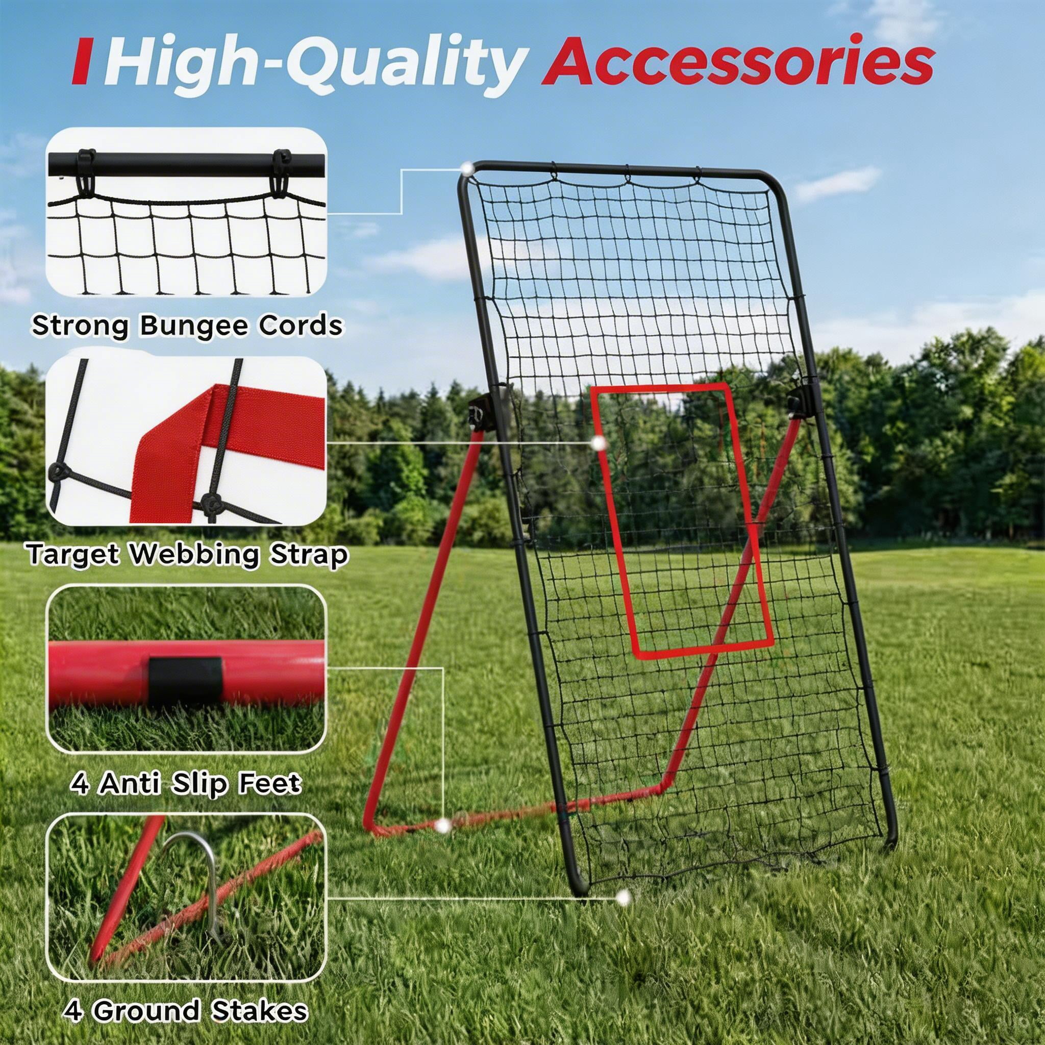 7x4 FT Volleyball Bounce Back Net, 5 Adjustable Angles, Foldable Heavy Duty Training Net with Ground Stakes, Red