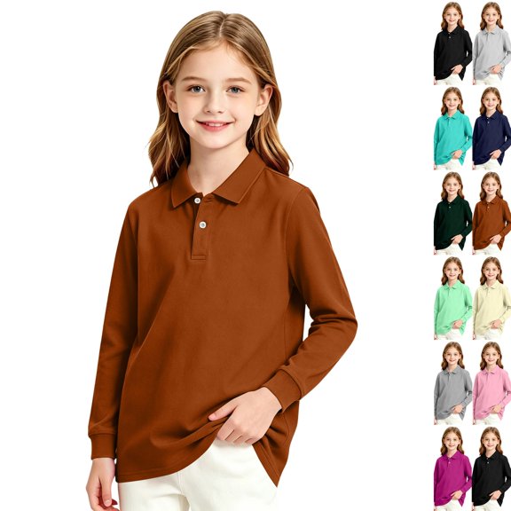 School Uniform for Girls Long Sleeve Polo Shirt with Collar Button Up Kids Back to School for Girls Fall Polo Shirts Orange,12-13 Years