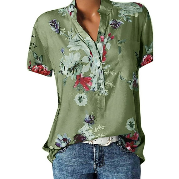 DYMADE Women Short Sleeve Stand-Up Collar Pullover Tops Floral Print Basic Blouse